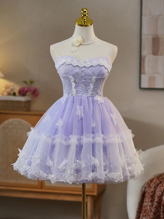 Front view of a woman wearing an elegant purple off-shoulder sweetheart neck short tulle lace prom dress.