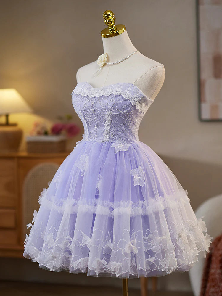 Side view of a woman in a purple off-shoulder sweetheart neck short tulle lace homecoming dress.