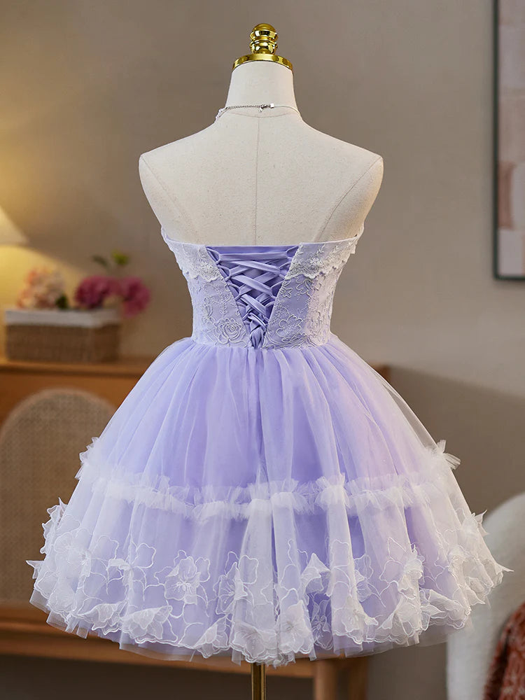 Back view of a woman showcasing the purple off-shoulder sweetheart neck short tulle lace party dress.