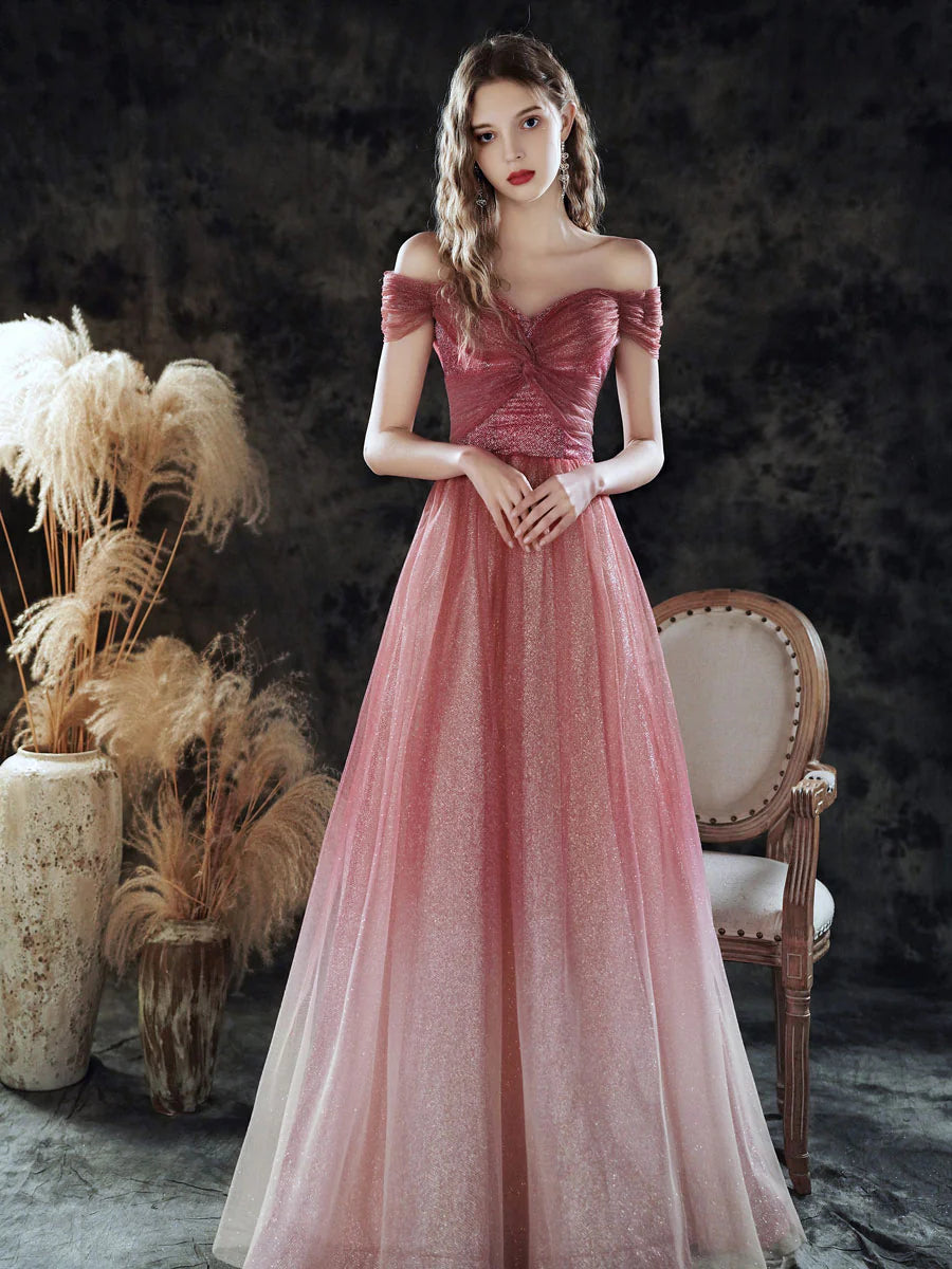 Elegant burgundy sweetheart off-shoulder tulle sequin long prom dress.