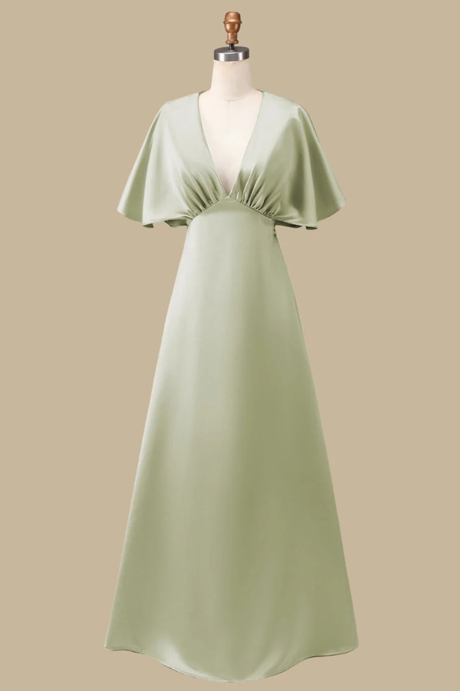 Elegant Dusty Sage Mother of the Bride dress with plunging V-neck and half sleeves, front view.