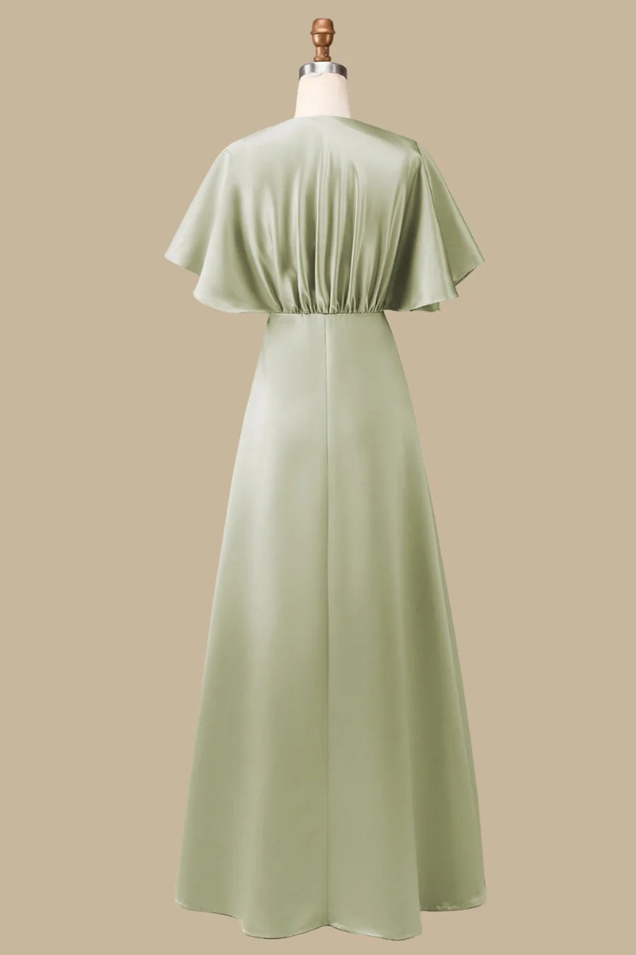 Side view of the Dusty Sage formal gown, highlighting the tailored fit and half sleeves.