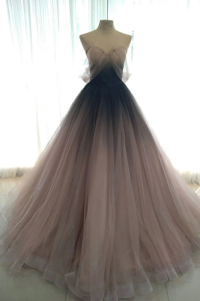 Elegant V-neck A-line tulle long prom dress with a cinched waist.