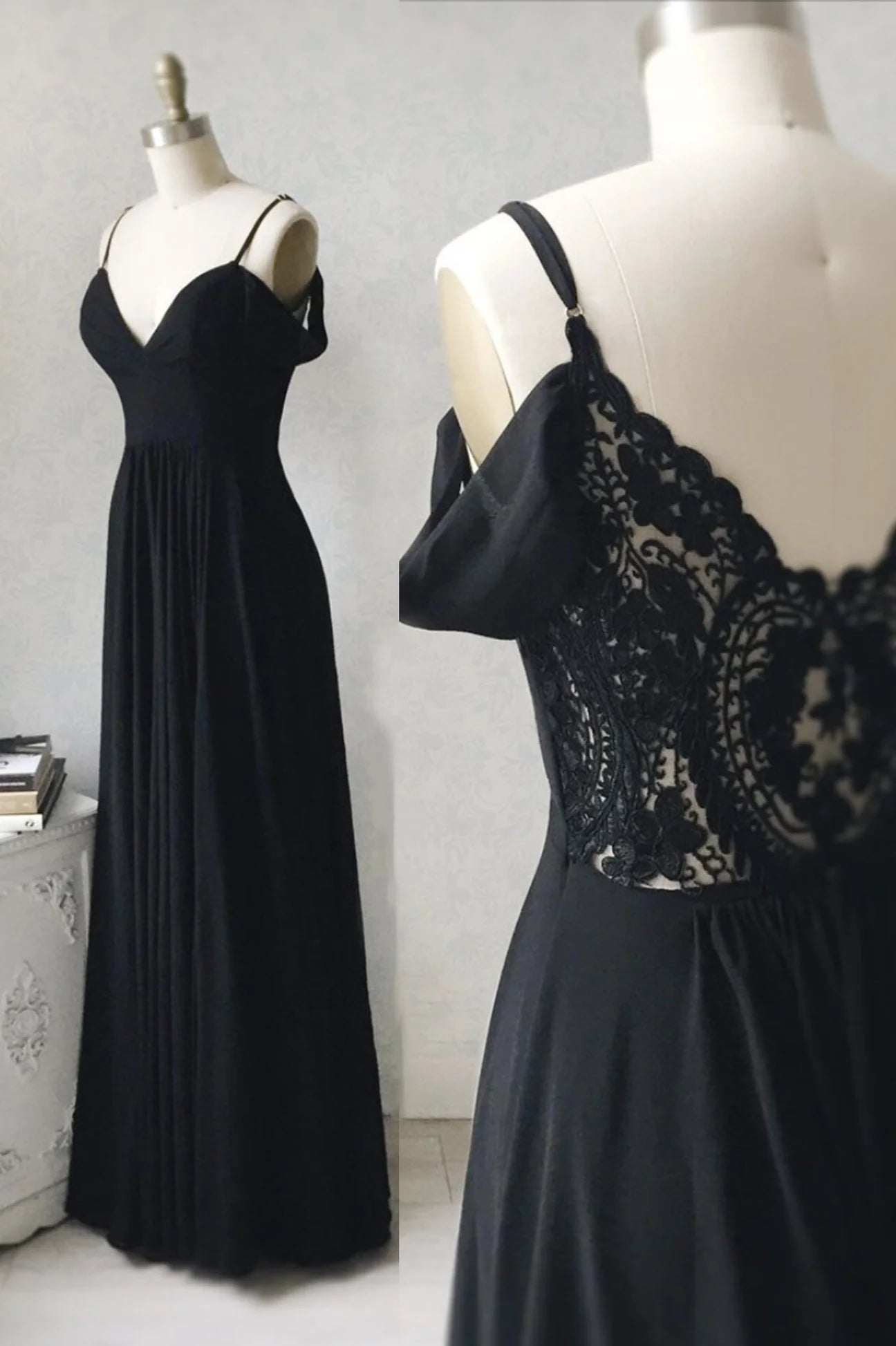 Woman wearing an elegant black V-neck chiffon lace long prom dress.