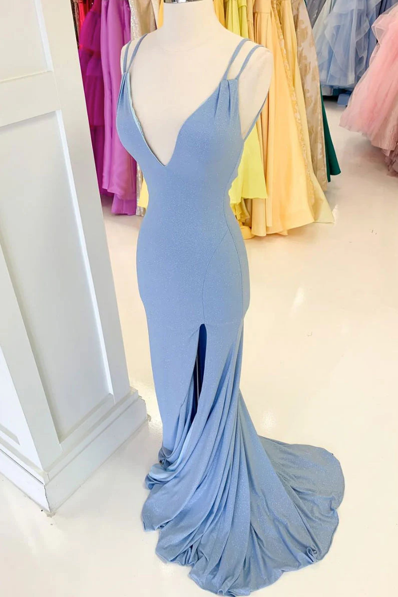 Elegant blue V-neck mermaid prom dress with spaghetti straps.