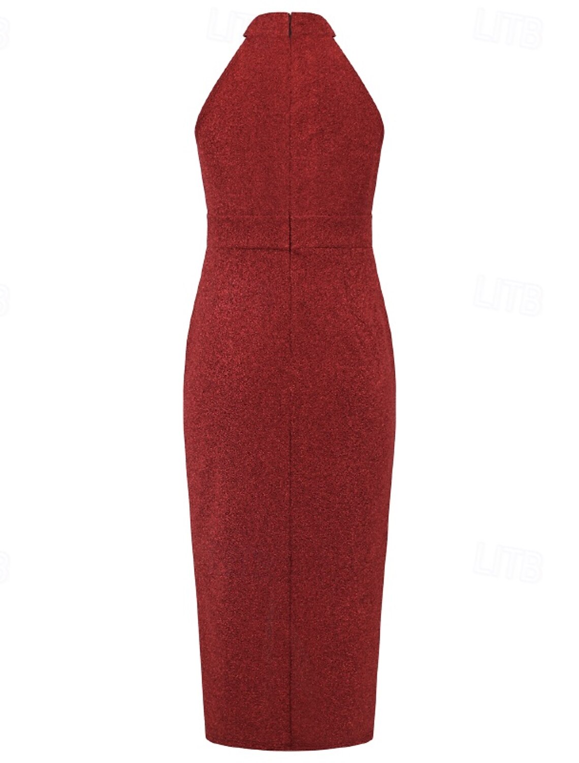 Woman in dark V-neck sheath midi dress, back view.