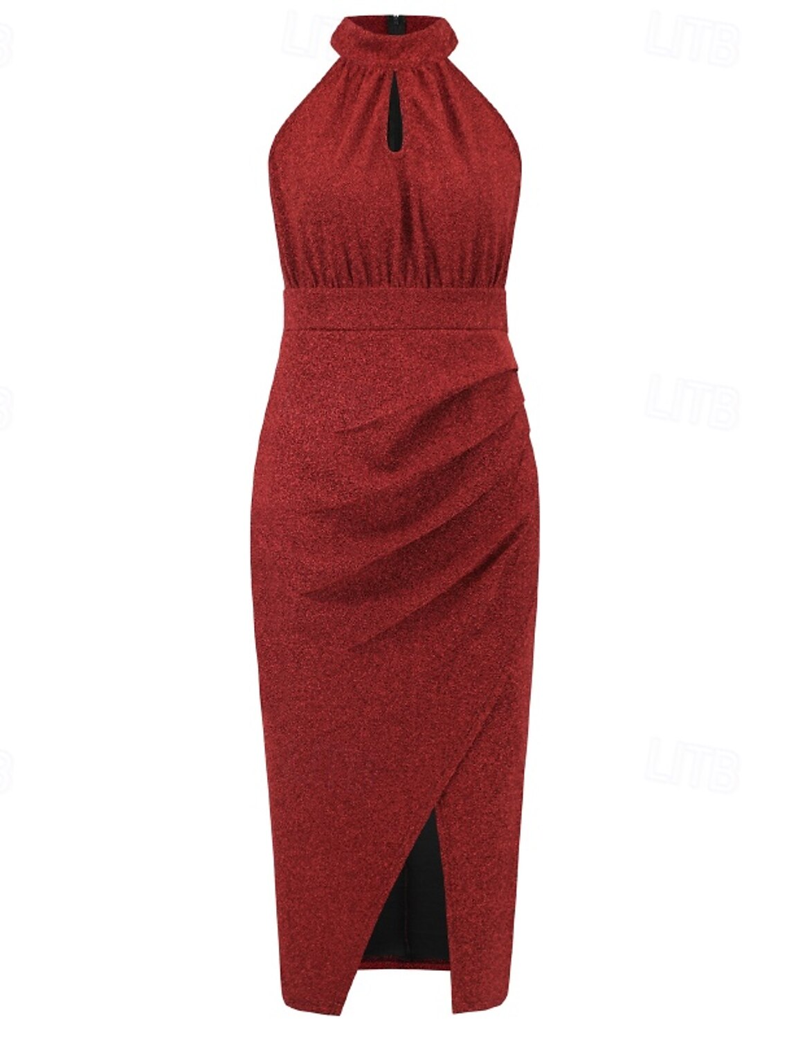 Woman posing in dark V-neck sheath midi dress.