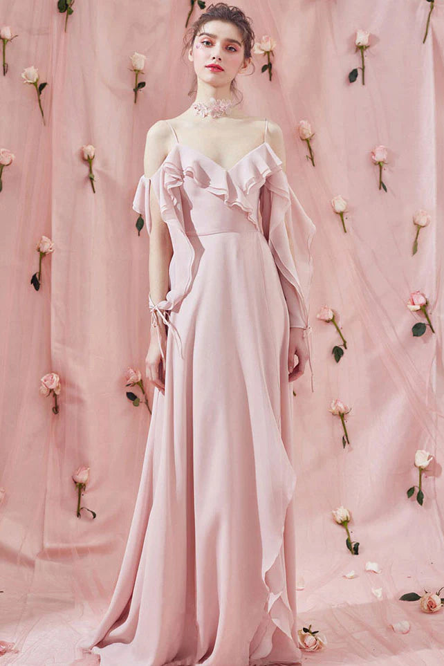 Model wearing an elegant V-neck A-line pink chiffon long prom dress.