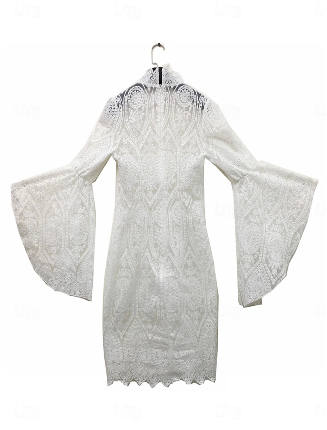 Side view of woman in white lace mini dress, highlighting the flared long sleeves and stand collar.