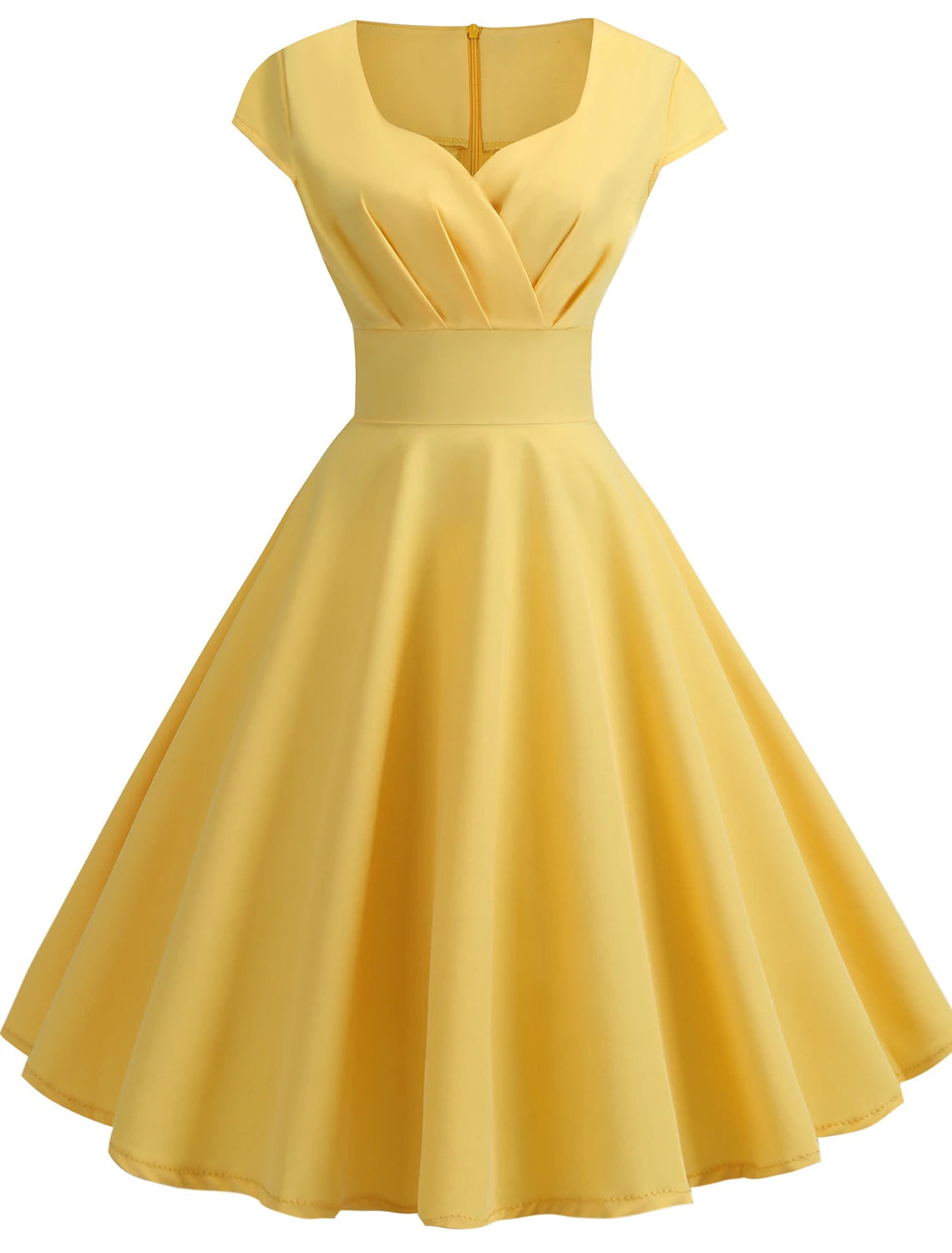 Woman wearing a black vintage swing midi dress with short sleeves and a crew neck.