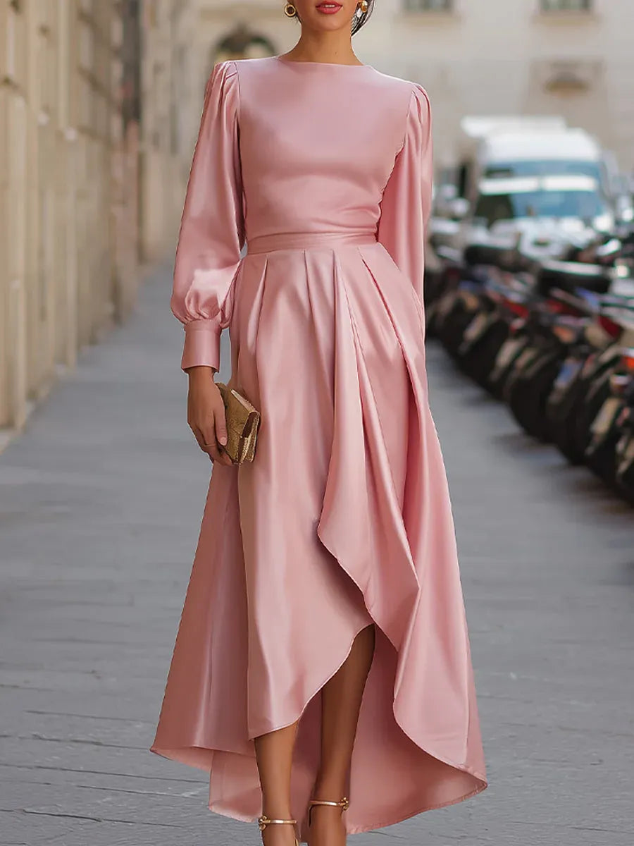 Elegant A-Line Bateau Neck Puffed Sleeve Satin Blush High-Low Prom Dresses