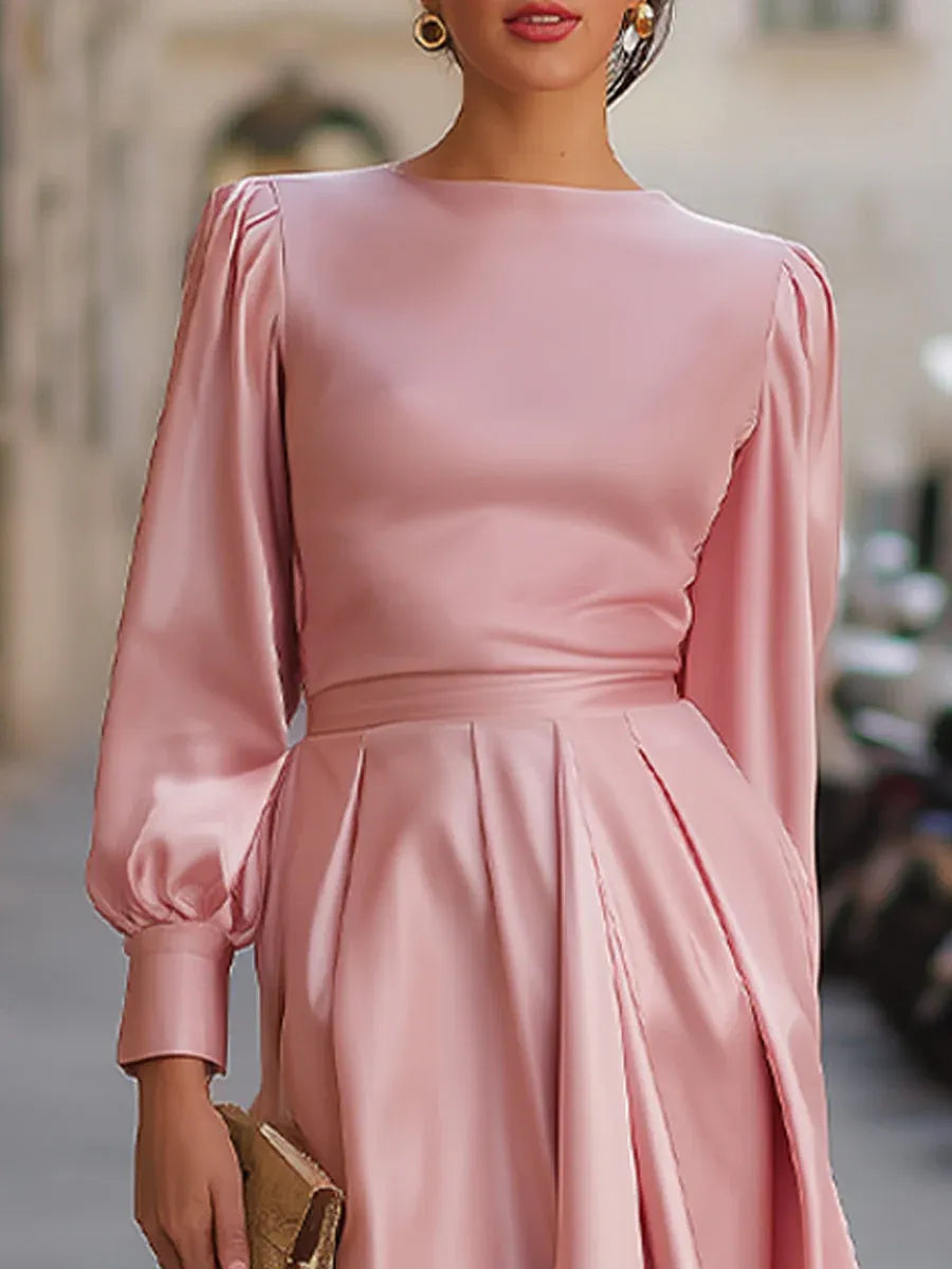 Elegant A-Line Bateau Neck Puffed Sleeve Satin Blush High-Low Prom Dresses