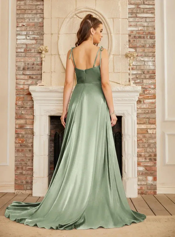 Elegant A-Line Cowl Neck Tie Strap Satin Sage Green Floor-Length Prom Dress