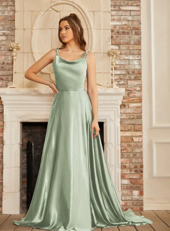Elegant A-Line Cowl Neck Tie Strap Satin Sage Green Floor-Length Prom Dress