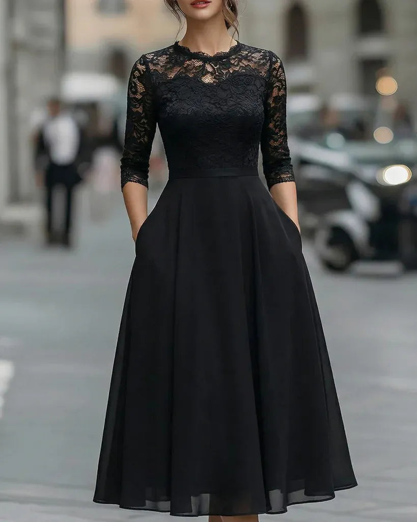 Elegant A-Line Crew Neck 3/4 Sleeve Floral Lace Chiffon Black Midi Prom Dresses With Pocket
