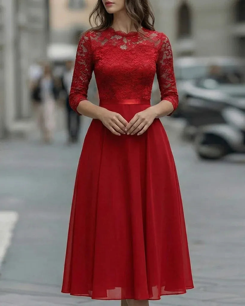 Elegant A-Line Crew Neck 3/4 Sleeve Floral Lace Chiffon Black Midi Prom Dresses With Pocket