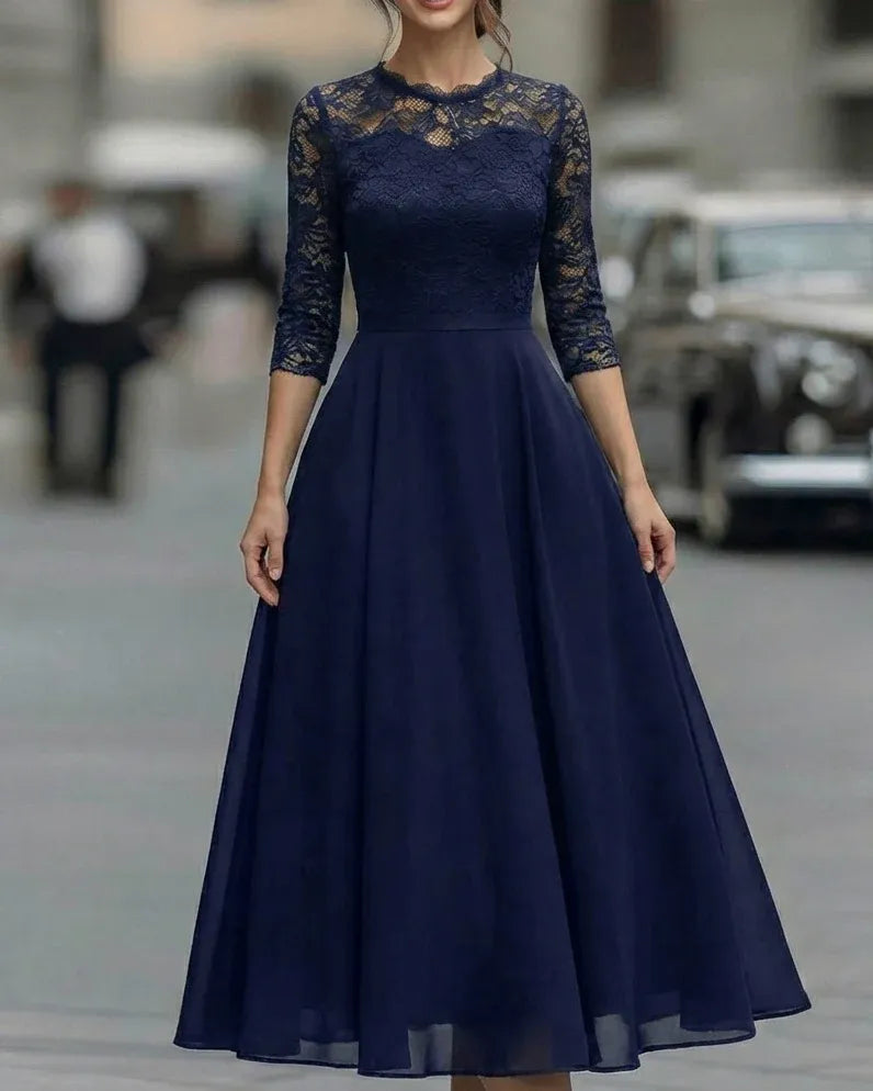 Elegant A-Line Crew Neck 3/4 Sleeve Floral Lace Chiffon Black Midi Prom Dresses With Pocket