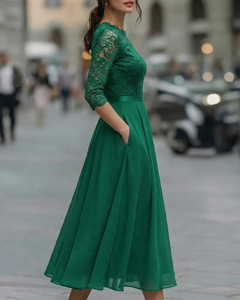 Elegant A-Line Crew Neck 3/4 Sleeve Floral Lace Chiffon Black Midi Prom Dresses With Pocket