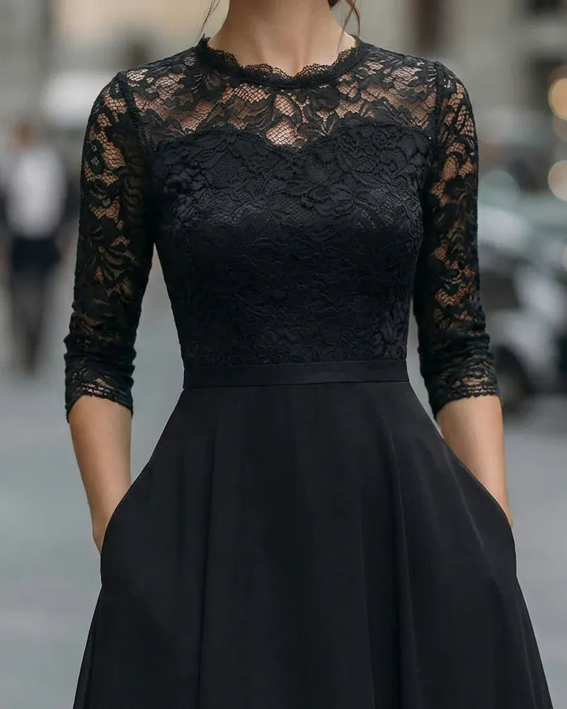 Elegant A-Line Crew Neck 3/4 Sleeve Floral Lace Chiffon Black Midi Prom Dresses With Pocket