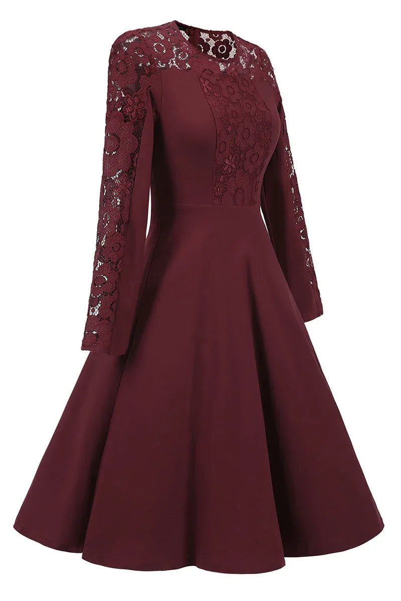 Elegant A-Line Crew Neck Long Sleeve Lace Panel Burgundy Short Homecoming Dress
