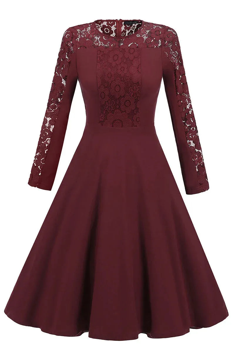 Elegant A-Line Crew Neck Long Sleeve Lace Panel Burgundy Short Homecoming Dress