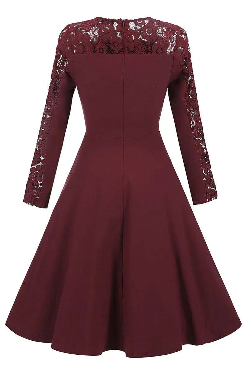 Elegant A-Line Crew Neck Long Sleeve Lace Panel Burgundy Short Homecoming Dress