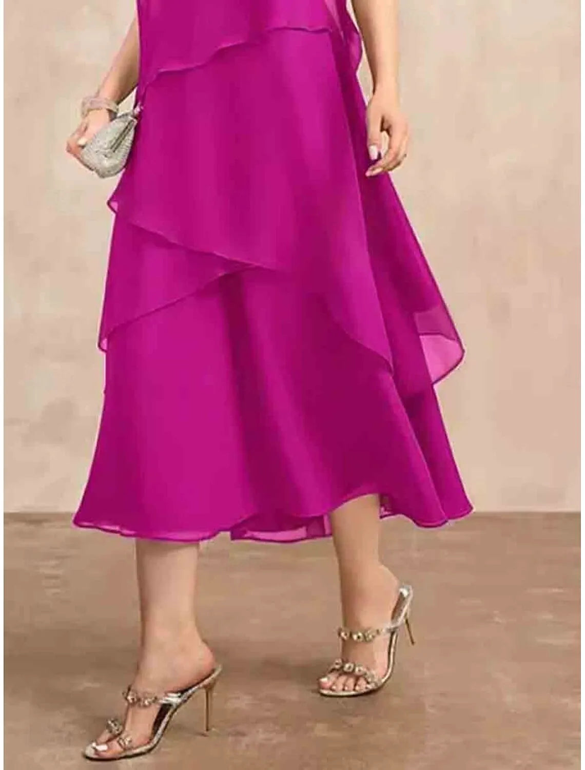Elegant A-Line Crew Neck Short Sleeve Ruffled Magenta Midi Prom Dress for Women Ready to Ship