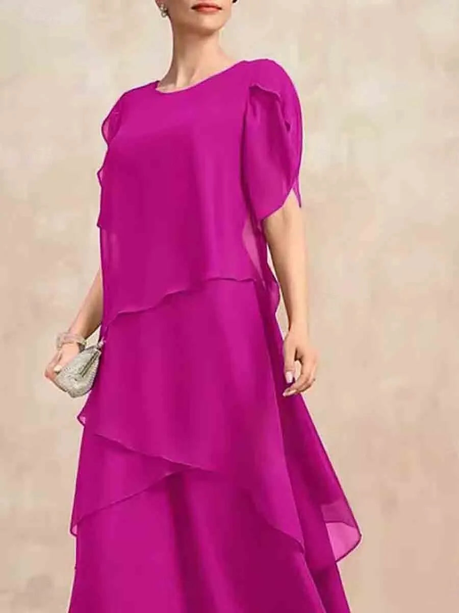 Elegant A-Line Crew Neck Short Sleeve Ruffled Magenta Midi Prom Dress for Women Ready to Ship
