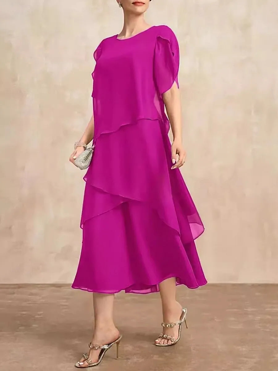 Elegant A-Line Crew Neck Short Sleeve Ruffled Magenta Midi Prom Dress for Women Ready to Ship