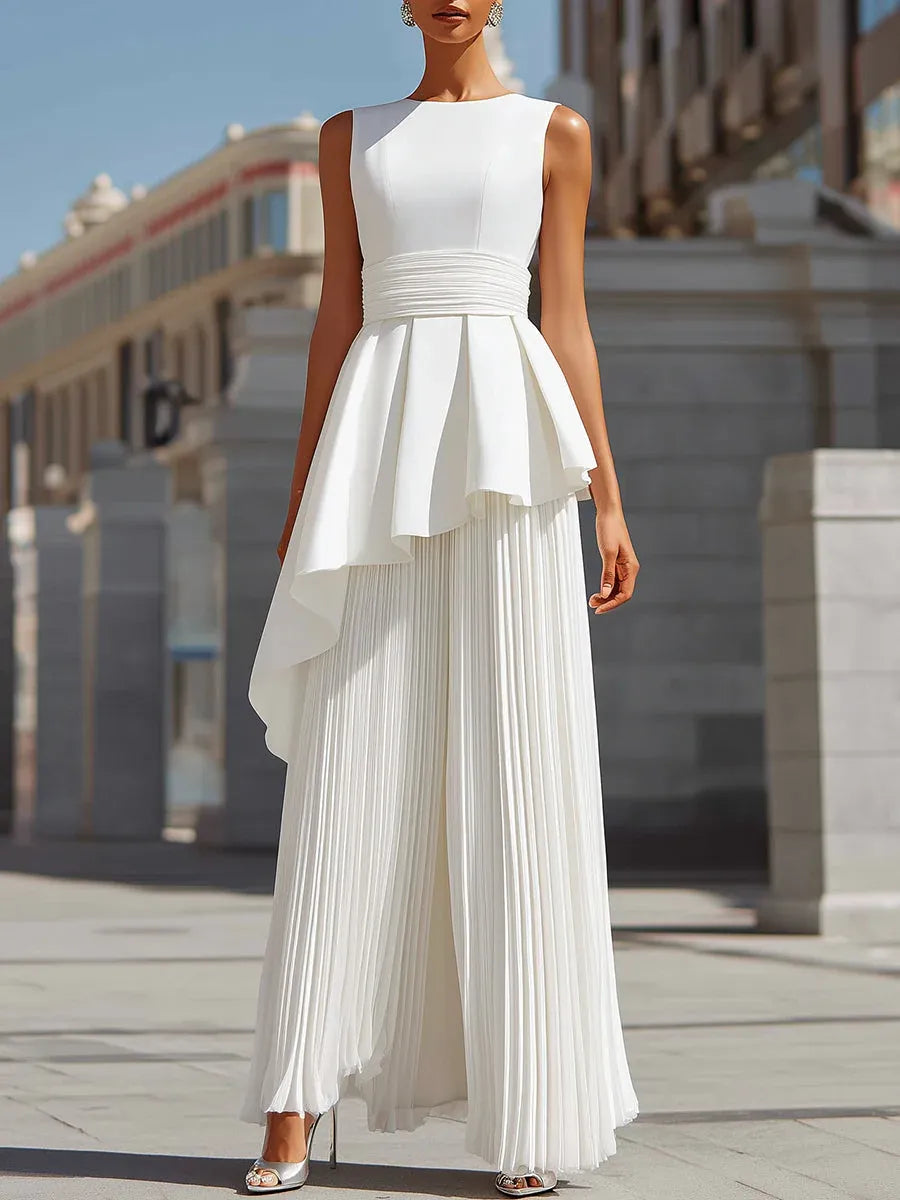 Elegant A-Line Crew Neck Sleeveless Asymmetrical White Floor-Length Prom Dresses