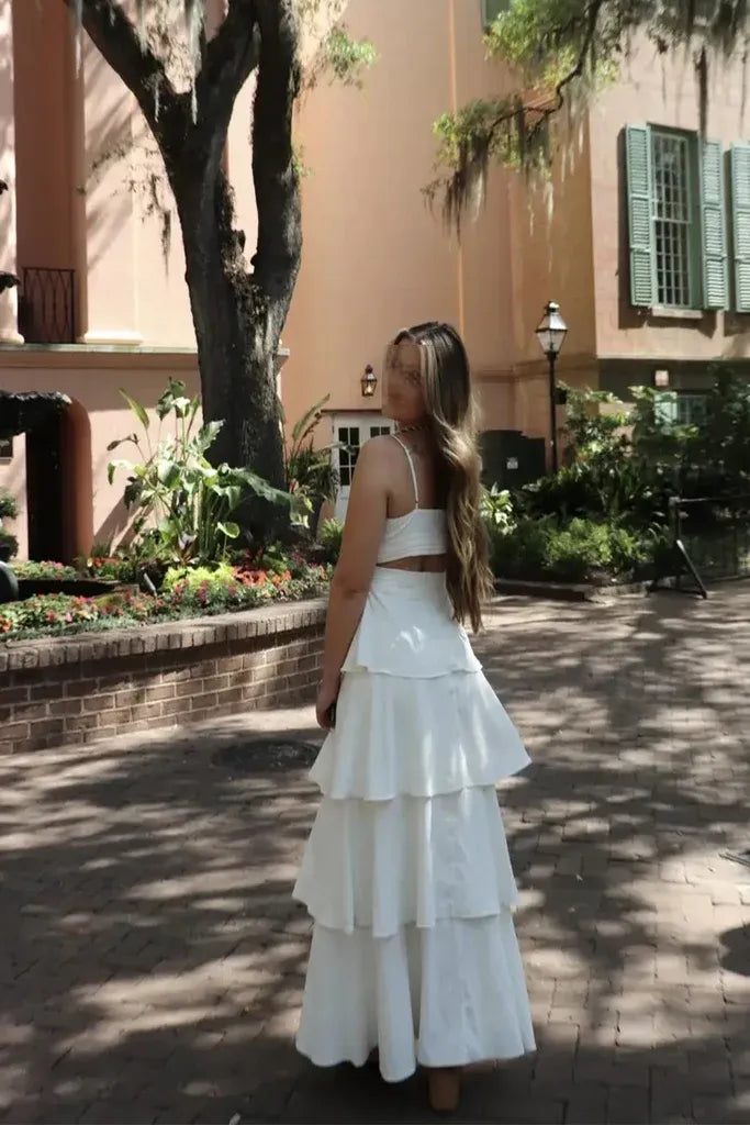 Elegant A-Line Deep V Neck Cutout Waist Tiered Ruffle White Floor-Length Prom Dress