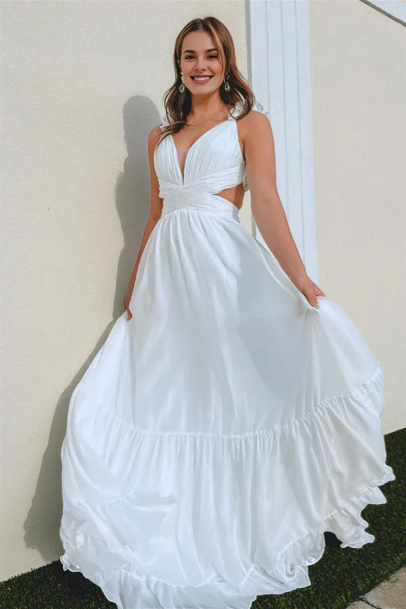 Elegant A-Line Deep V Neck Ruffle Pleated Cutout White Long Prom Dress