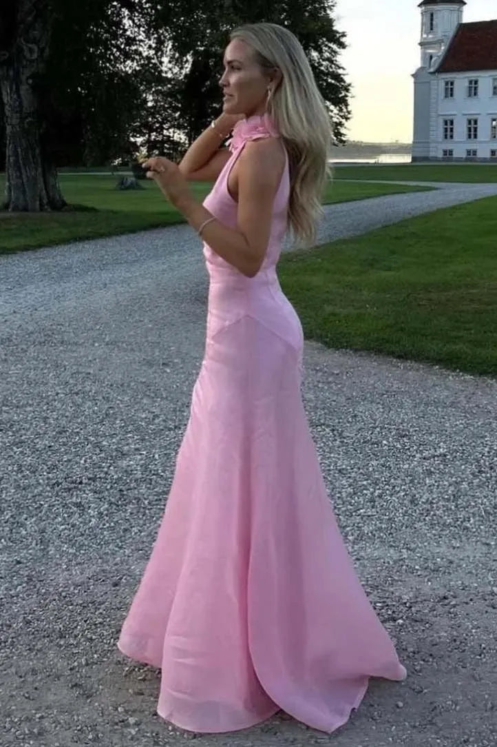 Elegant A-Line Half High Neck 3D Floral Pink Floor-Length Prom Dress With Slit