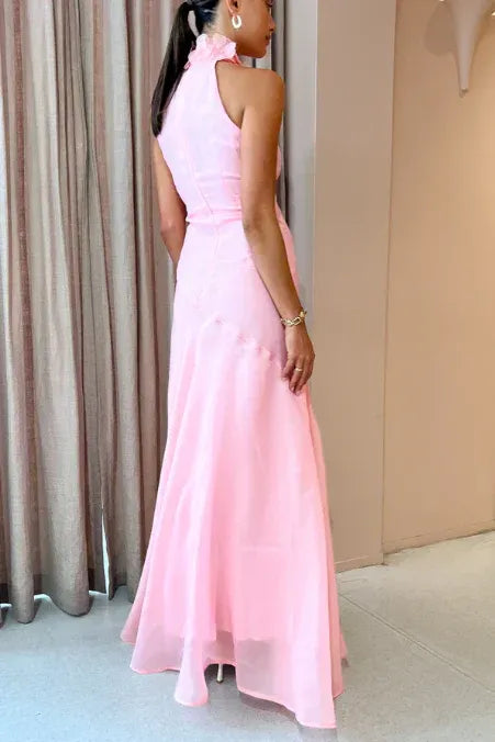 Elegant A-Line Half High Neck 3D Floral Pink Floor-Length Prom Dress With Slit