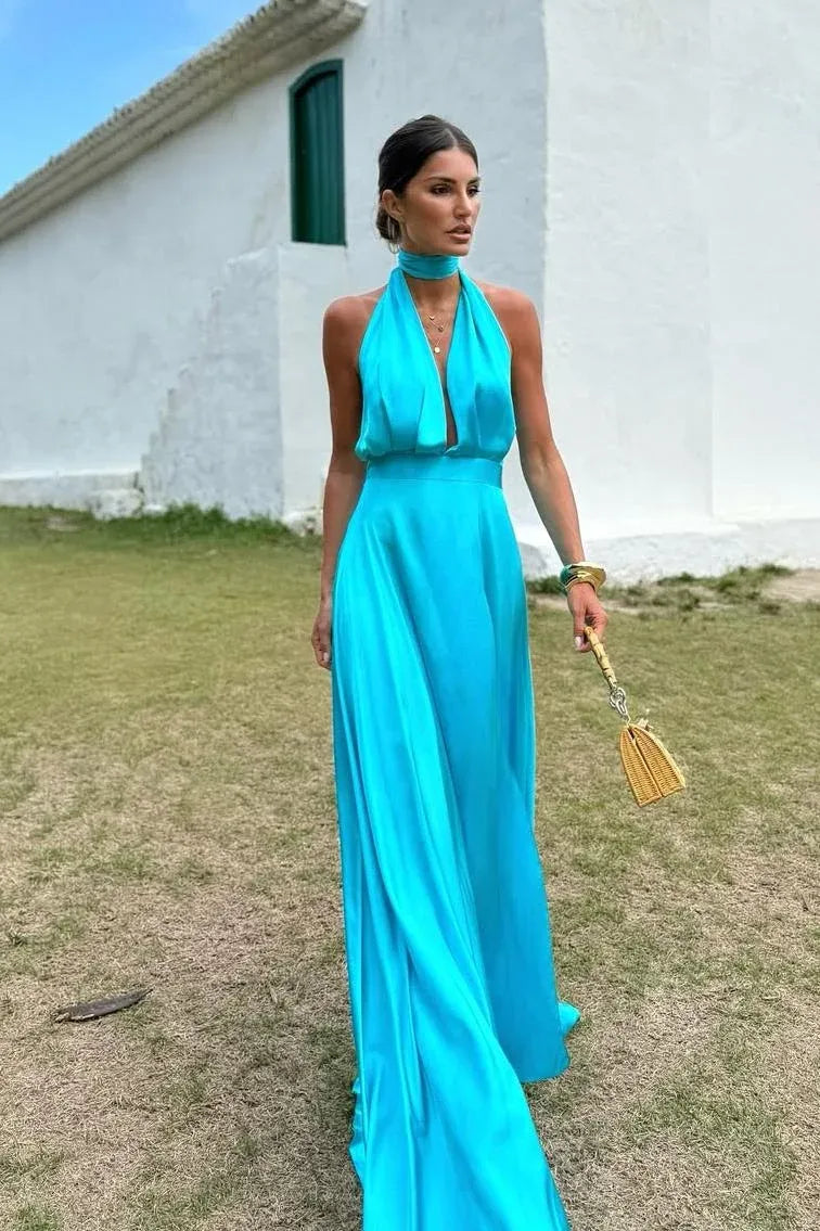 Elegant A-Line Halter Deep V Neck Pleated Slit Satin Turquoise Long Prom Dress