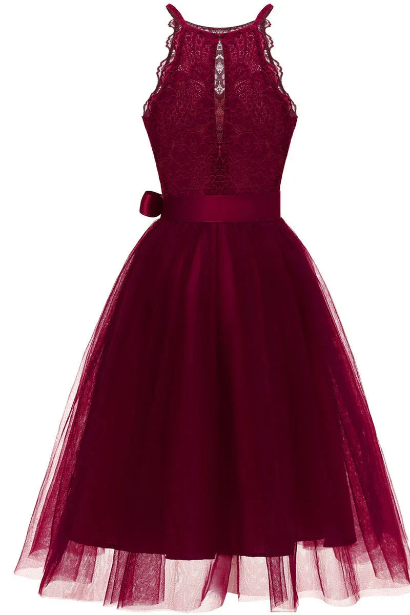 Elegant A-Line Halter Neck Lace Tulle Navy Blue Short Homecoming Dress With Bow