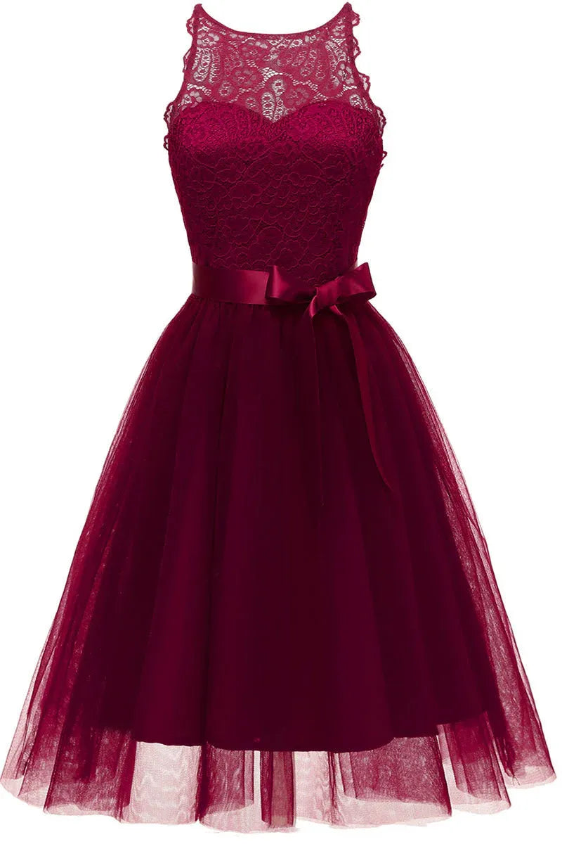 Elegant A-Line Halter Neck Lace Tulle Navy Blue Short Homecoming Dress With Bow