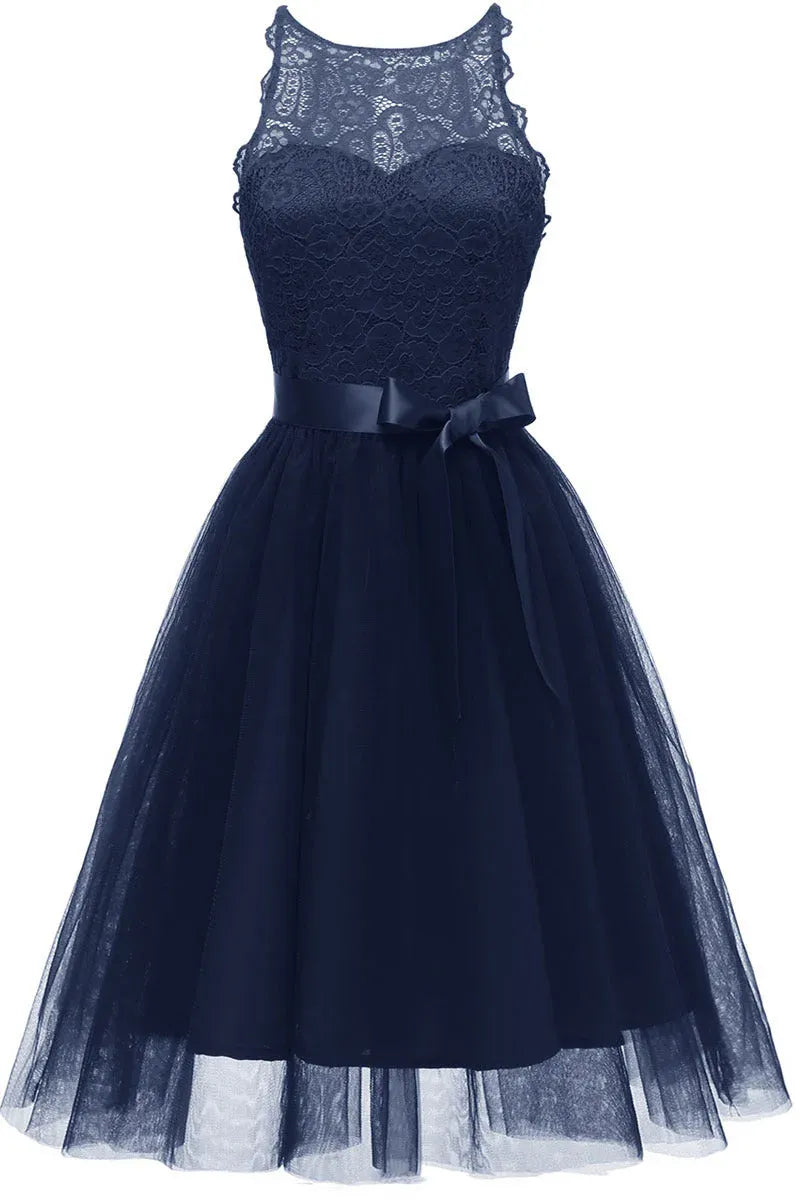 Elegant A-Line Halter Neck Lace Tulle Navy Blue Short Homecoming Dress With Bow