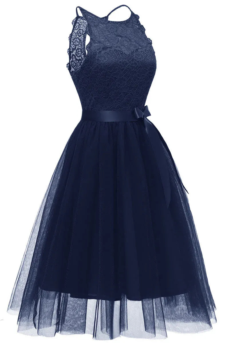 Elegant A-Line Halter Neck Lace Tulle Navy Blue Short Homecoming Dress With Bow