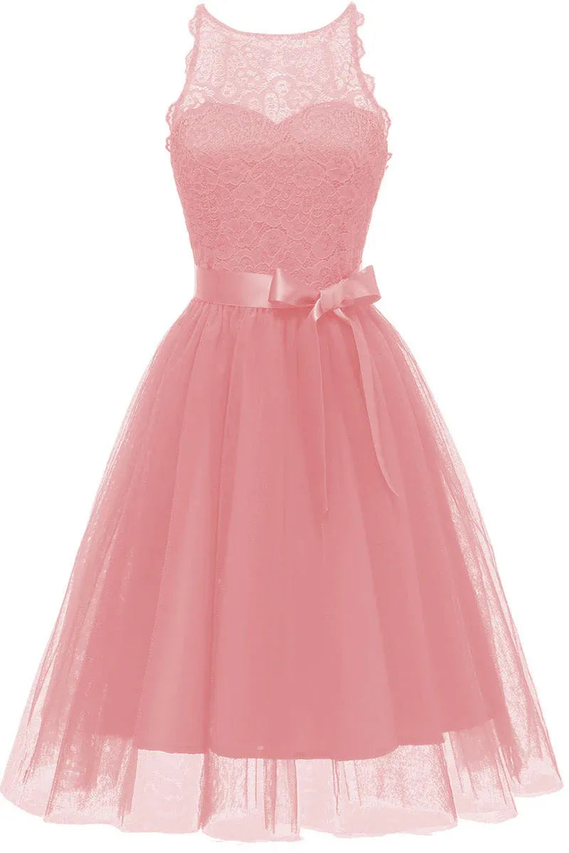 Elegant A-Line Halter Neck Lace Tulle Navy Blue Short Homecoming Dress With Bow
