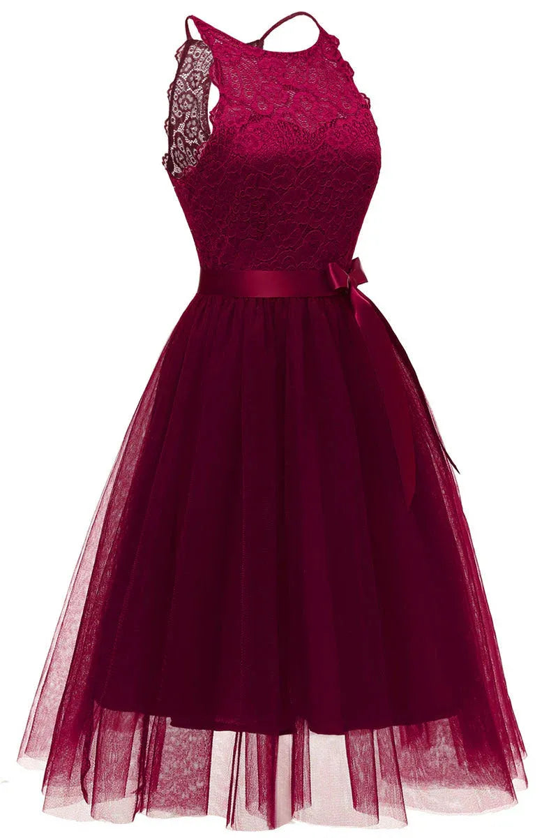 Elegant A-Line Halter Neck Lace Tulle Navy Blue Short Homecoming Dress With Bow