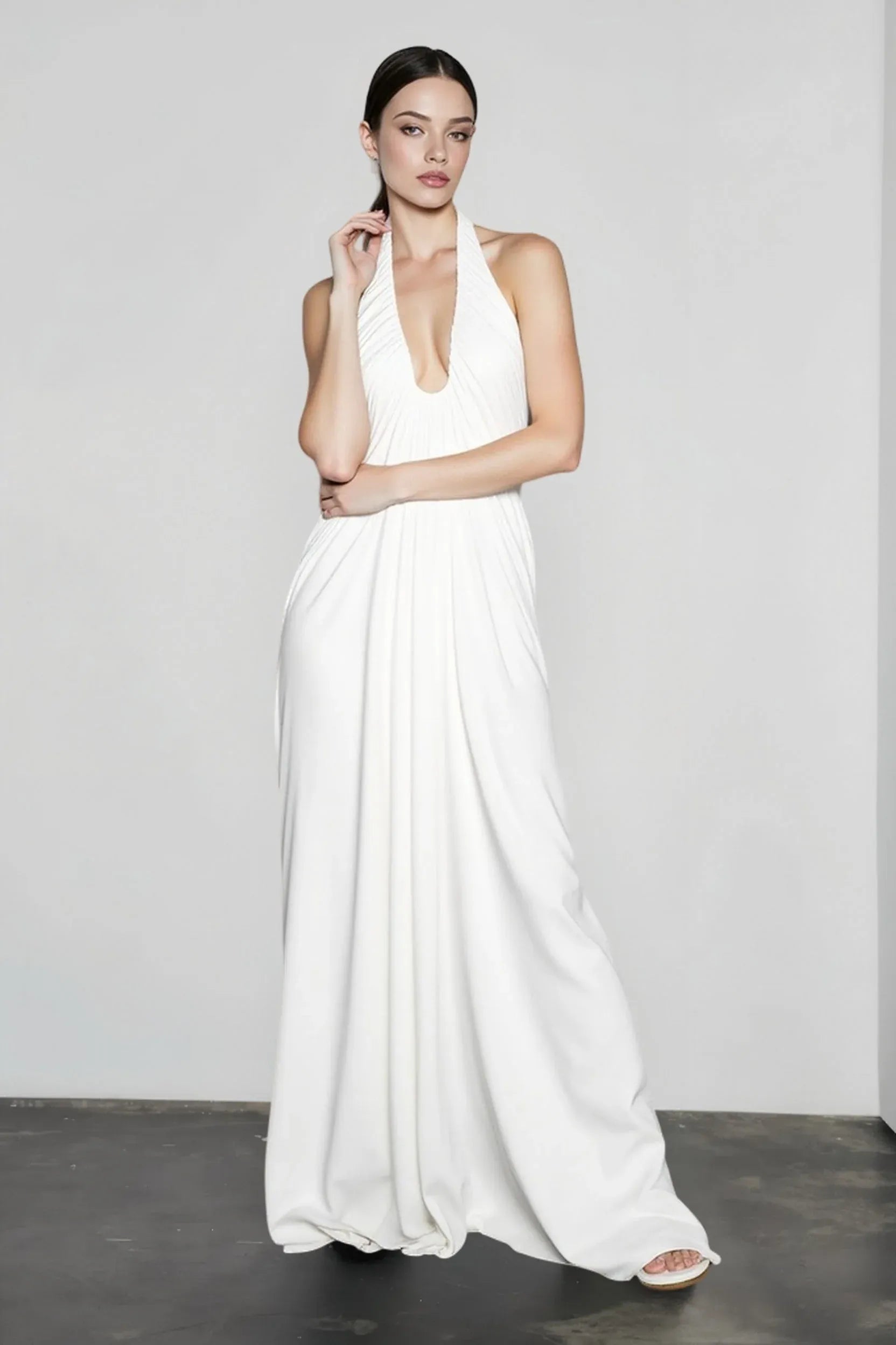 Elegant A-Line Halter Plunge Ruched Sheer Backless White Long Prom Dress