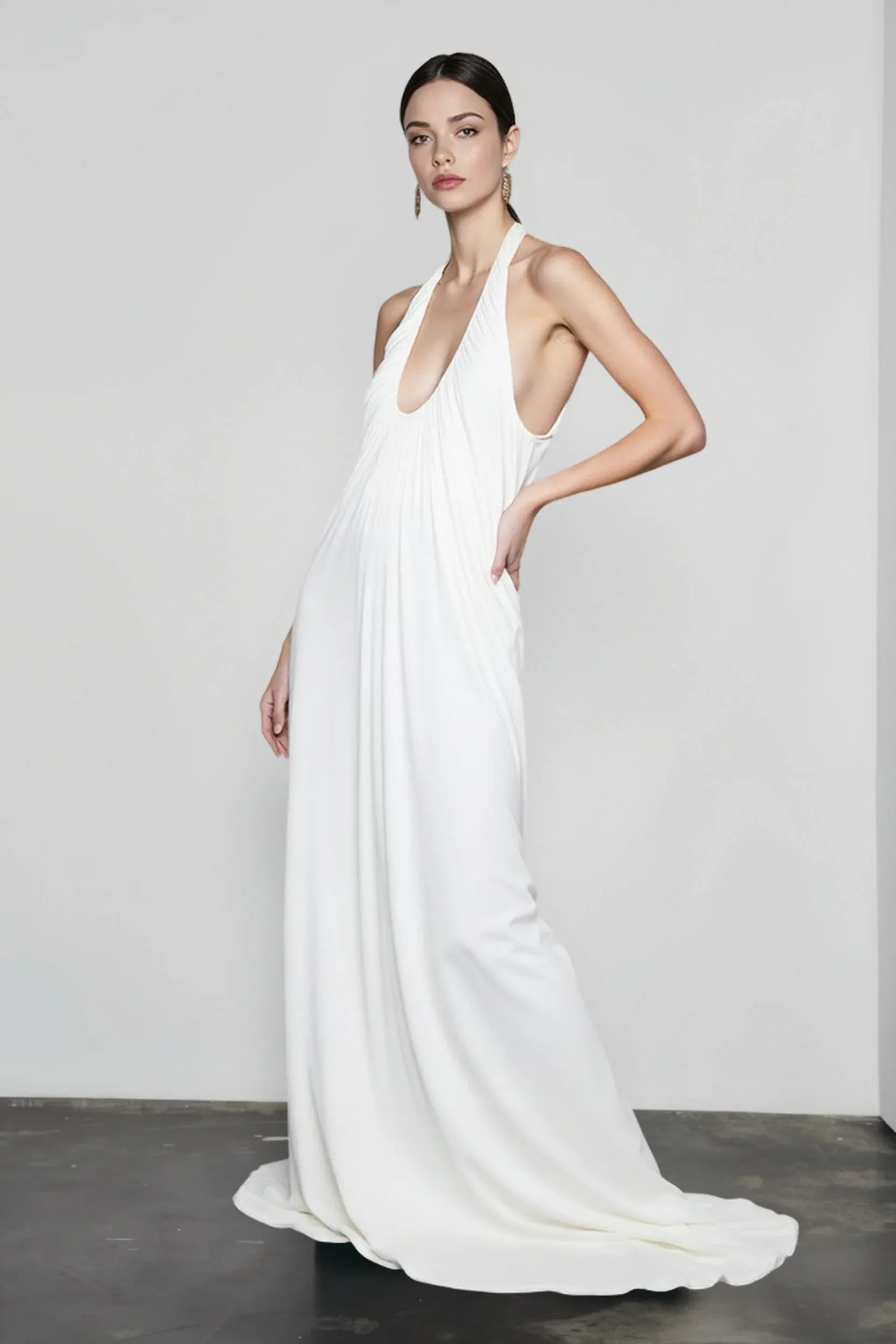 Elegant A-Line Halter Plunge Ruched Sheer Backless White Long Prom Dress