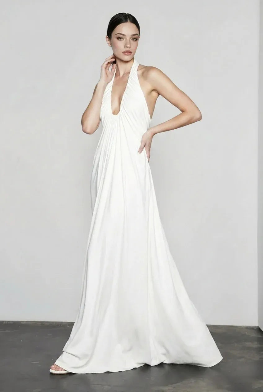 Elegant A-Line Halter Plunge Ruched Sheer Backless White Long Prom Dress