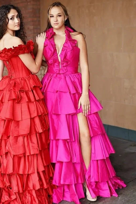 Elegant A-Line Halter Ruffle Tiered Taffeta Red Floor Length Prom Dress