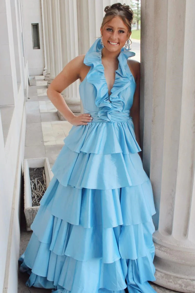 Elegant A-Line Halter Ruffle Tiered Taffeta Red Floor Length Prom Dress