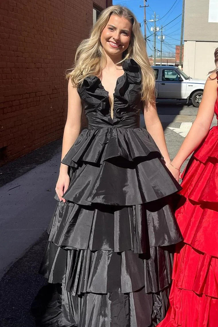 Elegant A-Line Halter Ruffle Tiered Taffeta Red Floor Length Prom Dress