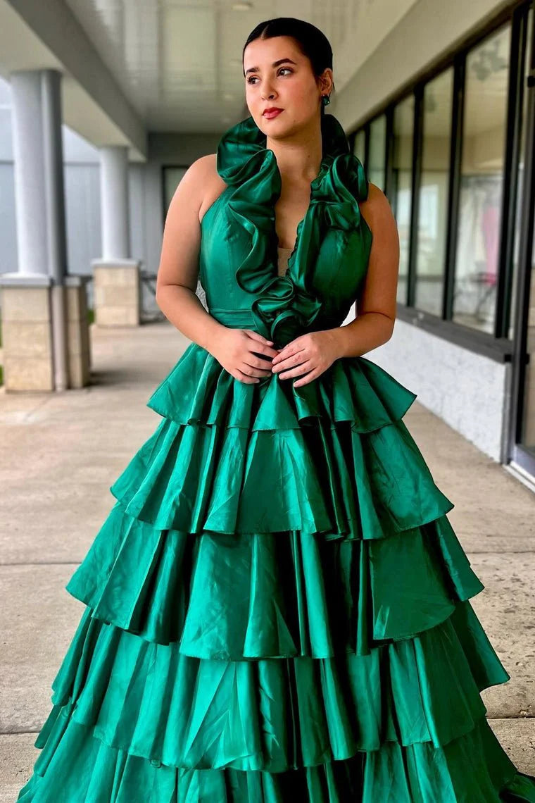 Elegant A-Line Halter Ruffle Tiered Taffeta Red Floor Length Prom Dress