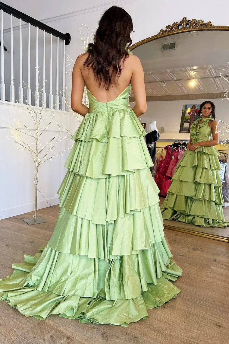 Elegant A-Line Halter Ruffle Tiered Taffeta Red Floor Length Prom Dress