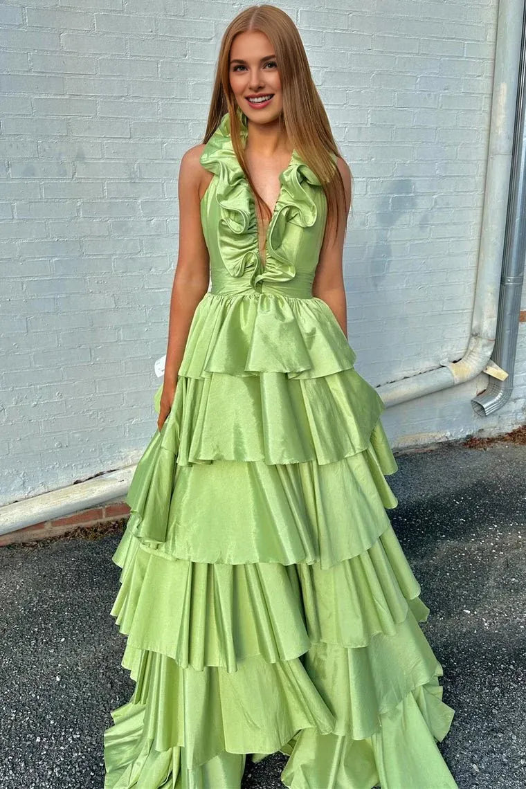 Elegant A-Line Halter Ruffle Tiered Taffeta Red Floor Length Prom Dress